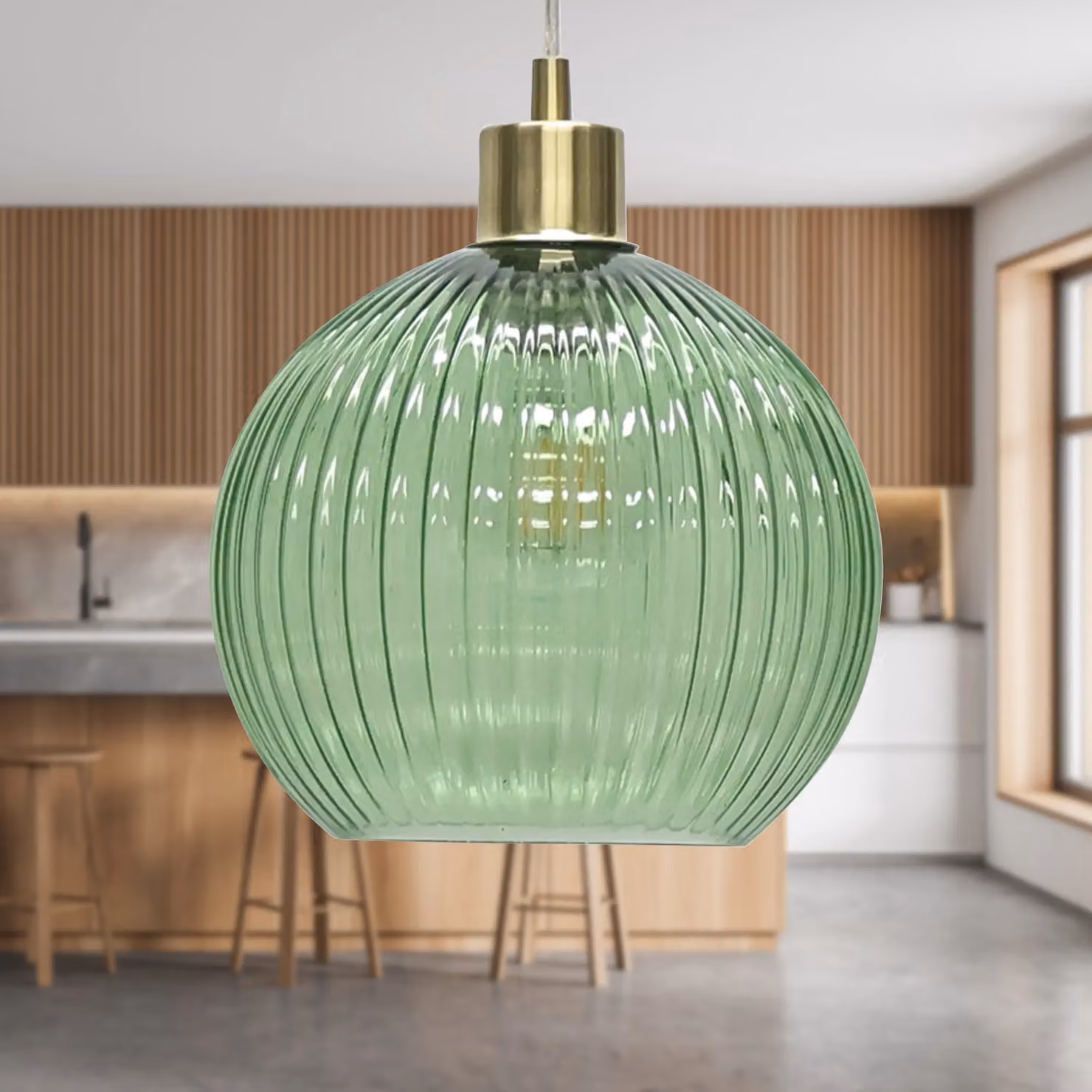 First Choice Lighting Betchley Green Ribbed Glass Sphere Pendant Light with Satin Brass Fitting – 2