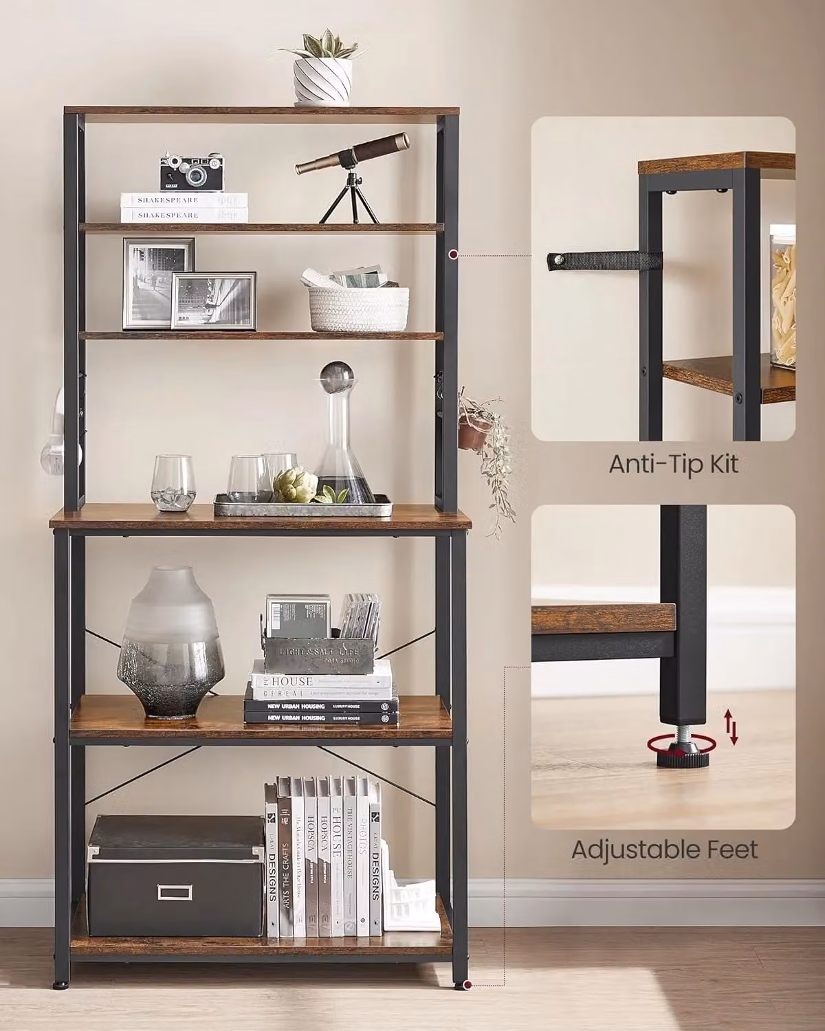 VASAGLE Kitchen Baker's Rack with 6 Adjustable Shelves and 6 Hooks in Brown – 5