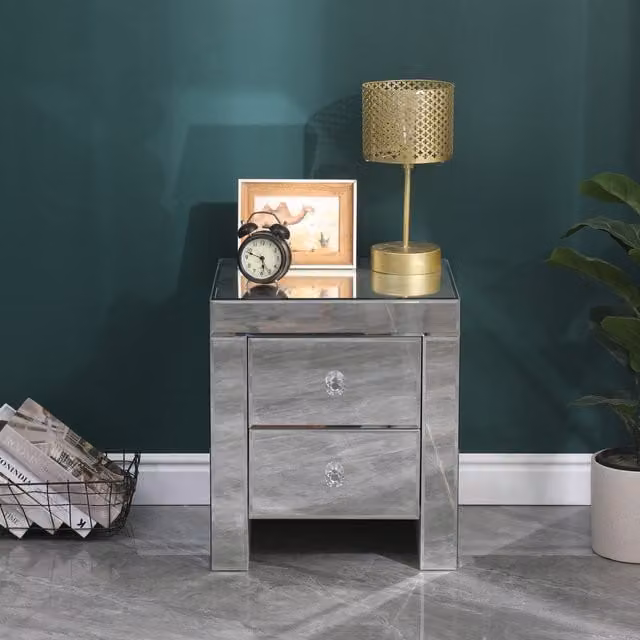 HMD Furniture Modern Mirrored Bedside Table with Drawers in Silver and Grey, Width: 45 cm