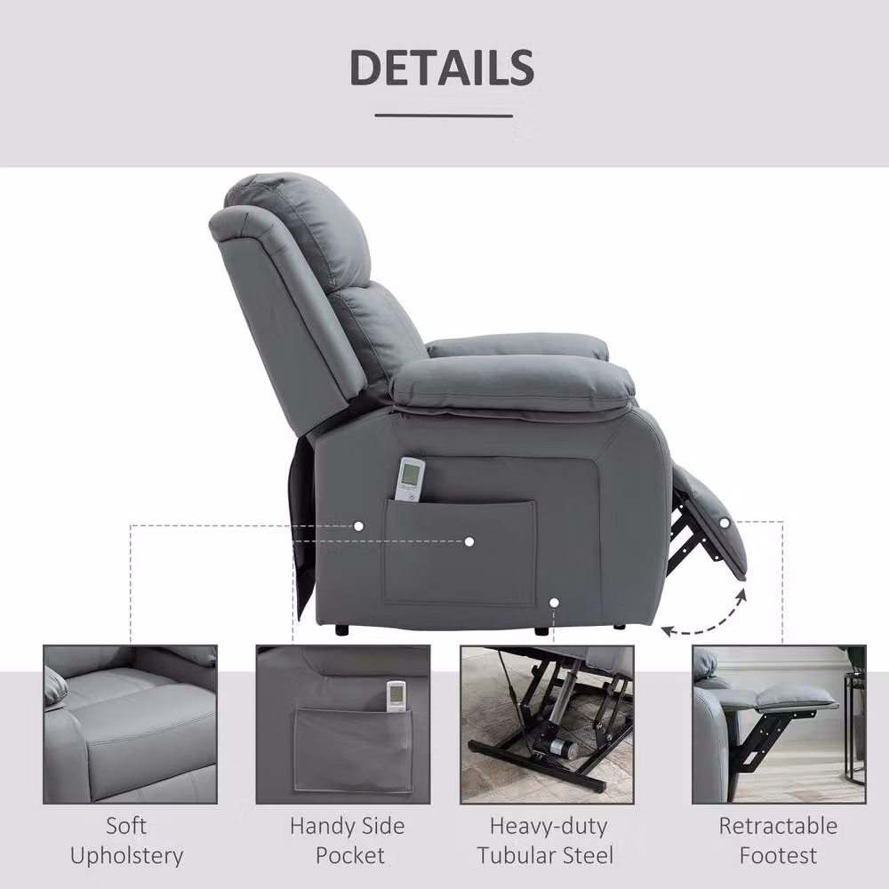 STILVORA Grey PU Leather Riser Recliner Chair with Massage and Powered Lift Assist – 4