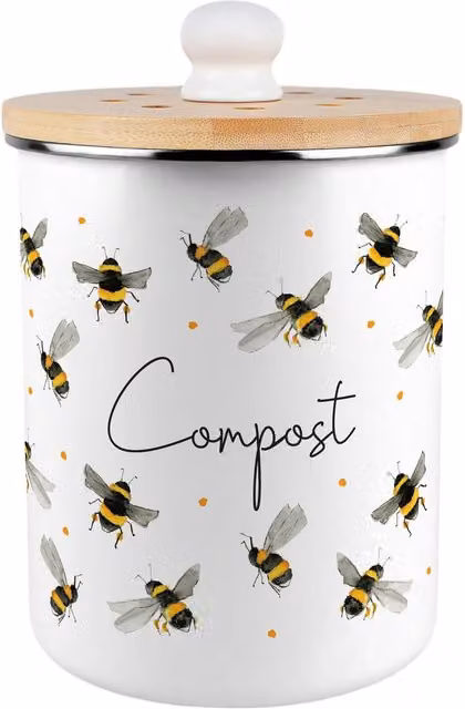Purely Home Watercolour Bees Metal Compost Caddy with Flip Lid, 2L, Yellow and White