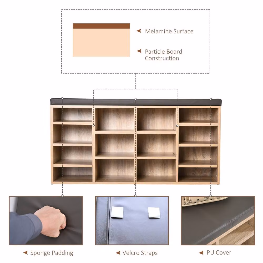 STILVORA Shoe Cabinet with 14 Compartments and Beige Seat Cushion in Natural Wood Finish – 4