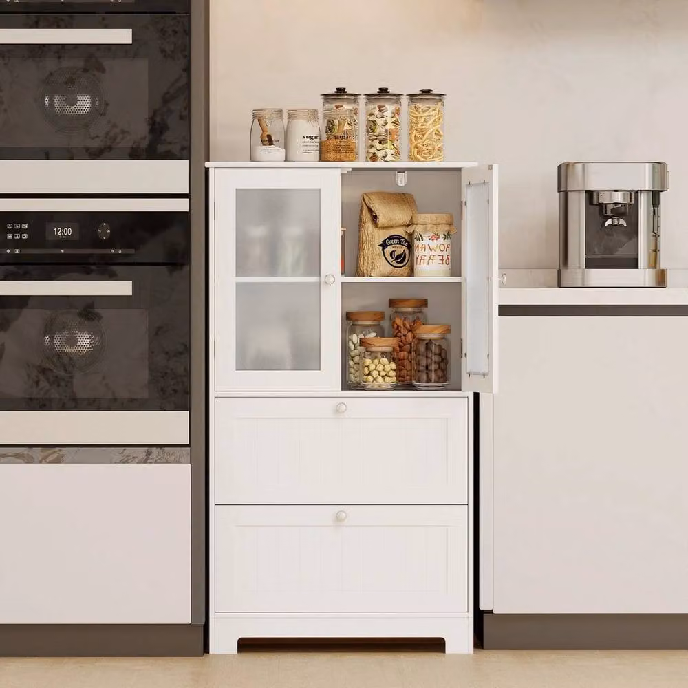 KORVIXA Freestanding White Bathroom Storage Cabinet with Glass Doors and Internal Shelves, W: 90 cm, H: 65 cm – 3