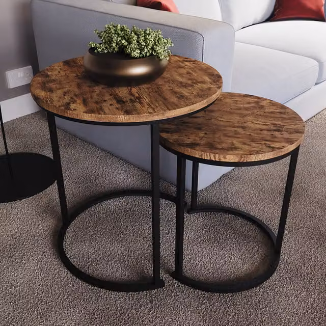 Vida Designs Brooklyn Nest of 2 Round Industrial Tables in Brown Wood and Metal