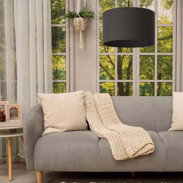 ValueLights Reni Medium Drum Pendant Shade in Grey Fabric, W/D/H: 35 x 20 x 20 cm