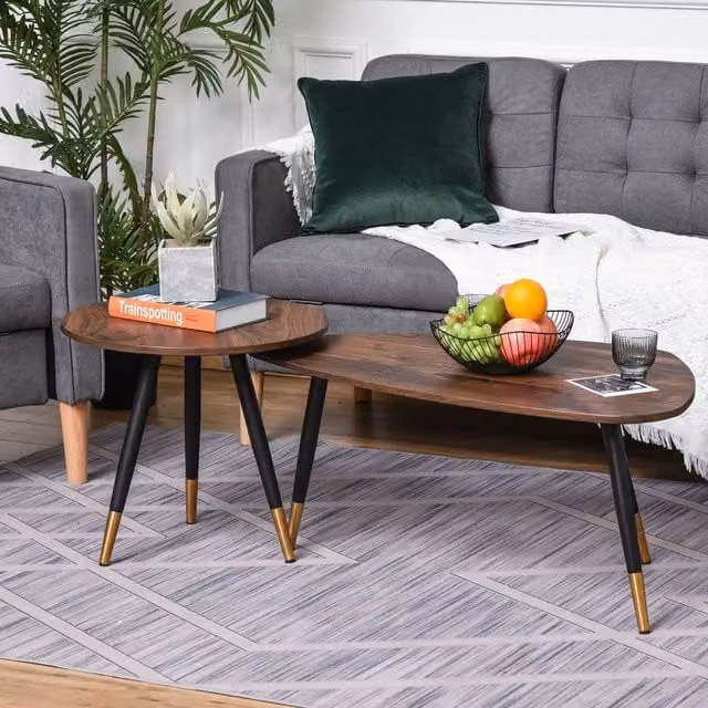 HOMCOM Set of 2 Nesting Oval Coffee Tables in Brown and Gold – 1