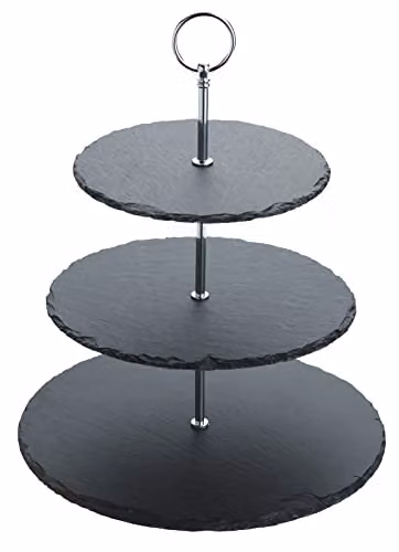 Artesa 2-Piece Black and Grey Slate Serving Set Featuring a 3-Tiered Stand and Rectangular Platter with Handles – 3