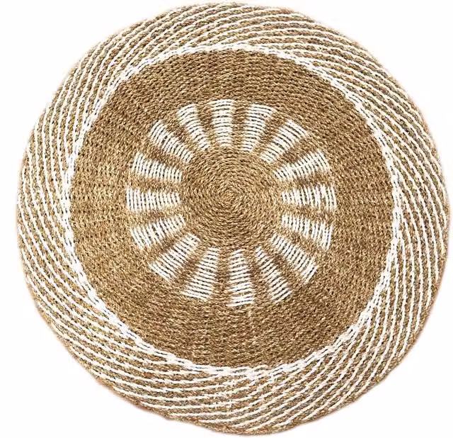 Serenityy Round Woven Seagrass Rug in White and Beige, W: 200 cm, D: 100 cm