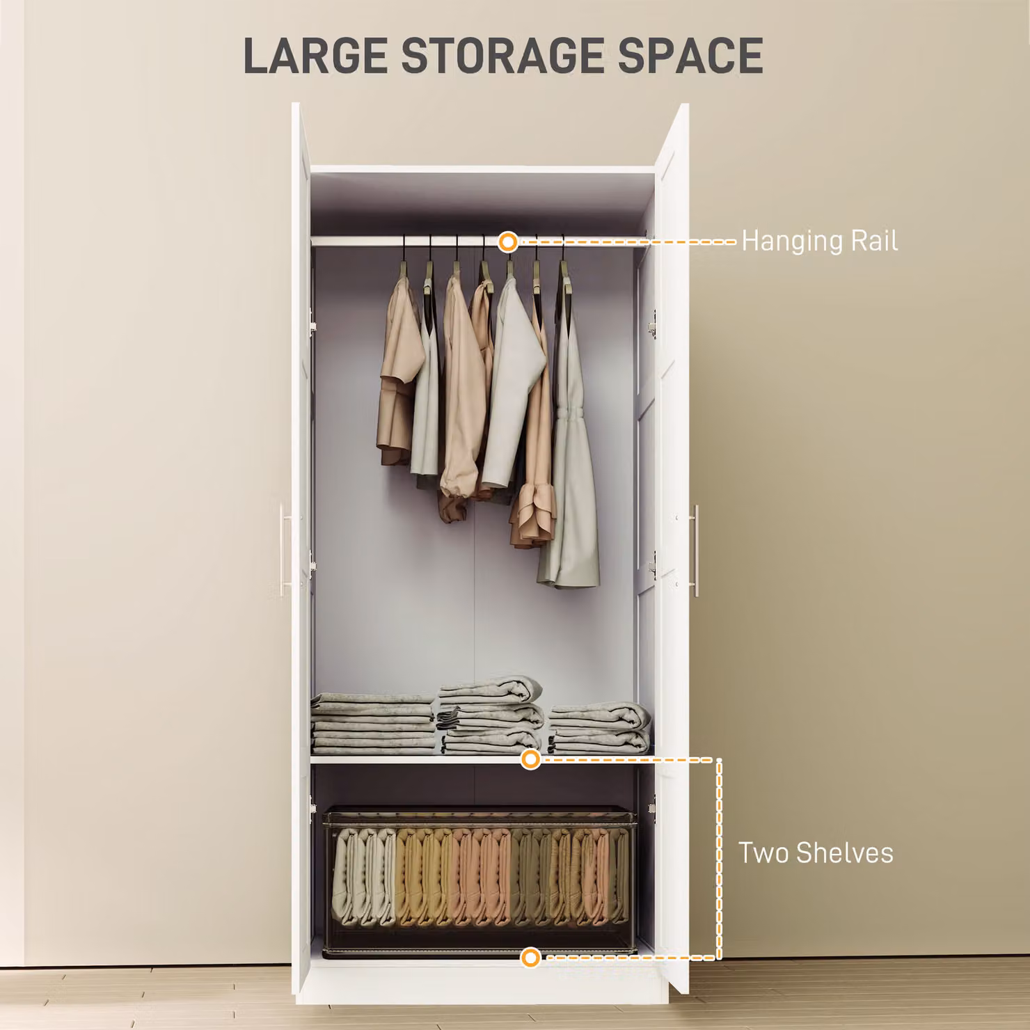 HOMCOM White Double Wardrobe with Soft Close Doors, Internal Shelves and Hanging Space, W: 80 cm, H: 180 cm – 3