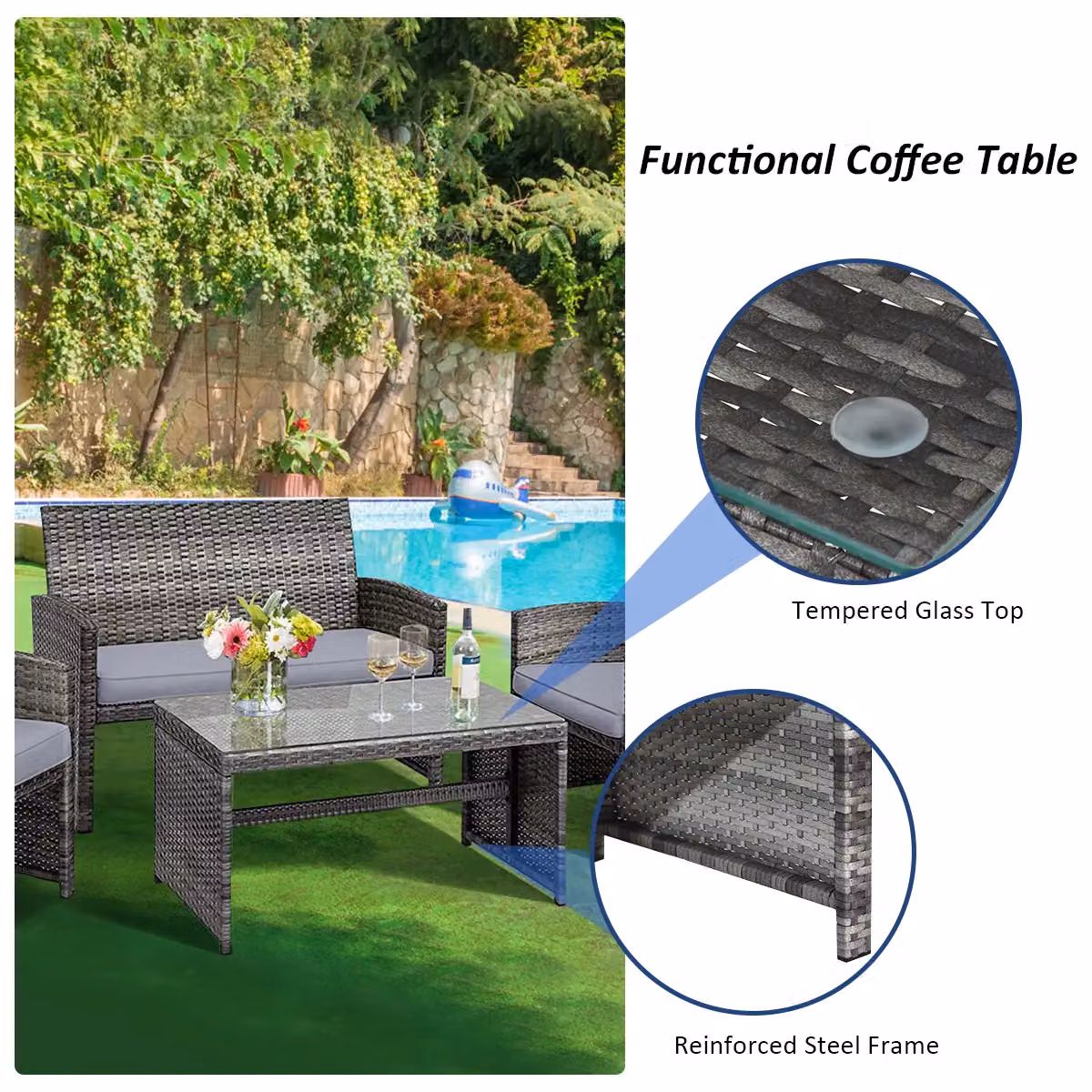 Gymax 4 Piece Grey PE Rattan Outdoor Sofa Set with Glass Coffee Table and Cushions – 6