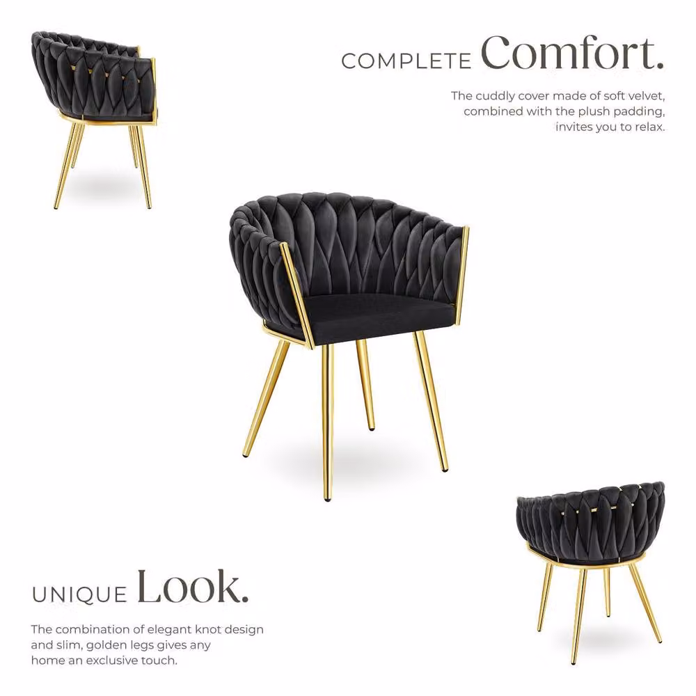tectake Astano Dining Chair Set of 4, Black Velvet with Metal Frame and Modern Knot Design – 3