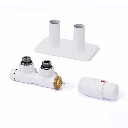 Terma Vario Twins Angled Accessory Valve Set with Thermostat Head and Pipe Masking, 50mm, White Matt RAL 9016