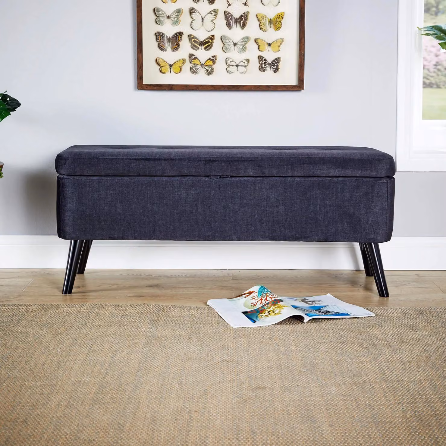 Home Source Velvet Fabric Ottoman Storage Box with Wooden Legs in Black – 2