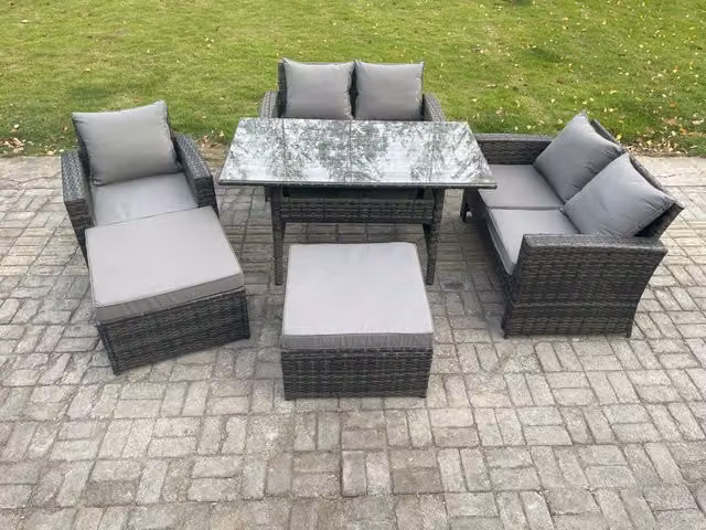 Fimous High Back Rattan Outdoor Garden Furniture Set with Dining Table, Armchair and 2 Large Footstools in Dark Grey Mixed