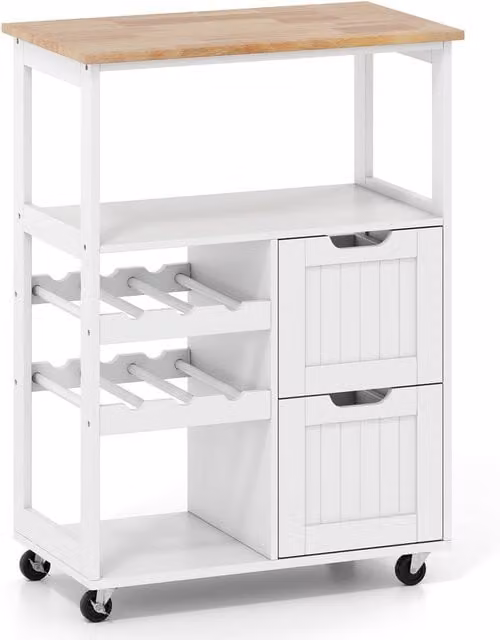Costway White Serving Trolley with Solid Rubberwood Top and 2-Tier Wine Rack