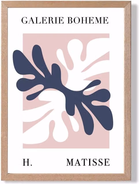 ARTZE Matisse Floral Cutout Pink and Blue Bohemian Framed Print with Navy Oak Frame