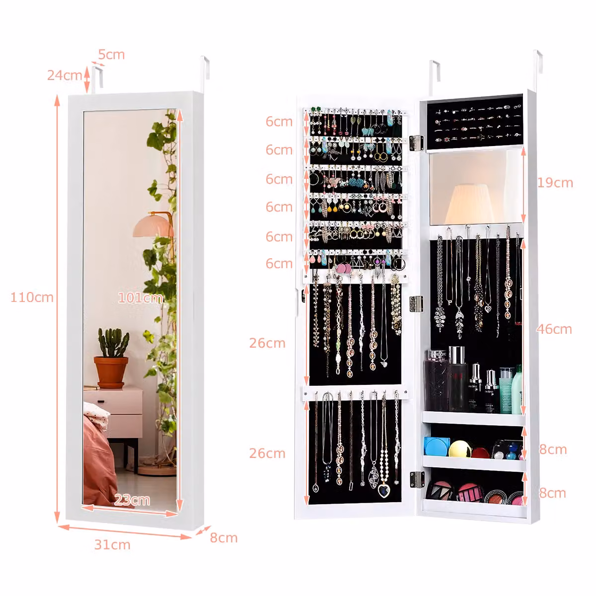 Costway White Mirrored Jewelry Cabinet with Full-Length Mirror, Wall Mounted Armoire with Internal Shelves – 2