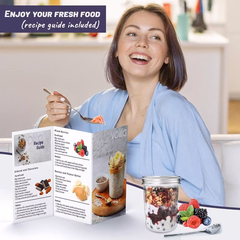 volila Airtight and Leakproof Glass Overnight Oats Jars with Lids, 350 ml, Clear – 4