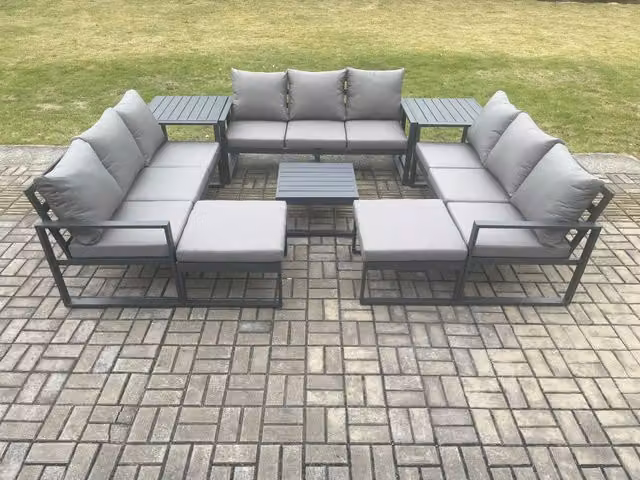 Fimous Aluminium Outdoor Garden Furniture Set in Dark Grey with 3-Seater Sofa, Coffee Table, 2 Side Tables and 2 Footstools