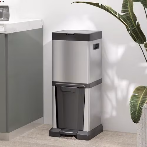 HOMCOM Silver Stainless Steel Dual Kitchen Bin with Pedal and Removable Inner Buckets, 20+14L – 2