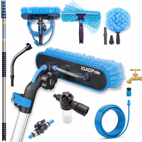 IGAD 28ft Telescopic Water-Fed Window Cleaning Pole Kit in Blue with Brush, Squeegee, Cobweb Duster and Soap Dispenser for Solar Panels, Conservatories, Gutters and High Windows