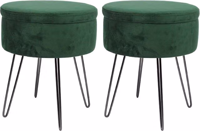 Harbour Housewares Set of 2 Round Velvet Storage Footstools in Green with Black Hairpin Legs