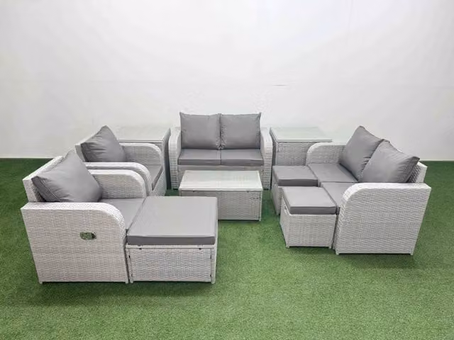 Fimous 9 Seater Rattan Garden Furniture Set in Light Grey with Reclining Chairs, Sofa, Coffee Table, Stools and Side Tables