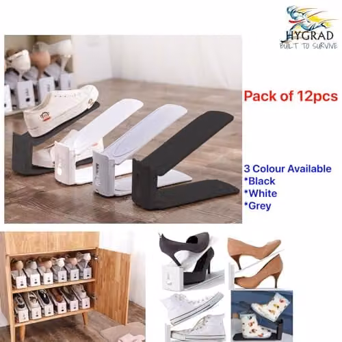 Hygrad Built to Survive 12 Pack Adjustable Plastic Shoe Storage Organiser Slots in Black – 1