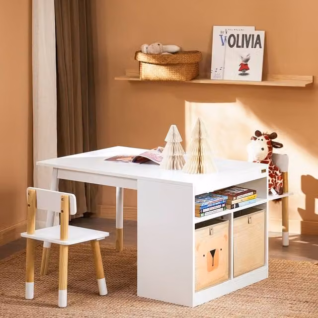 SoBuy Kids Desk and 2 Chairs Set with Storage Shelves, Scandinavian Style, White