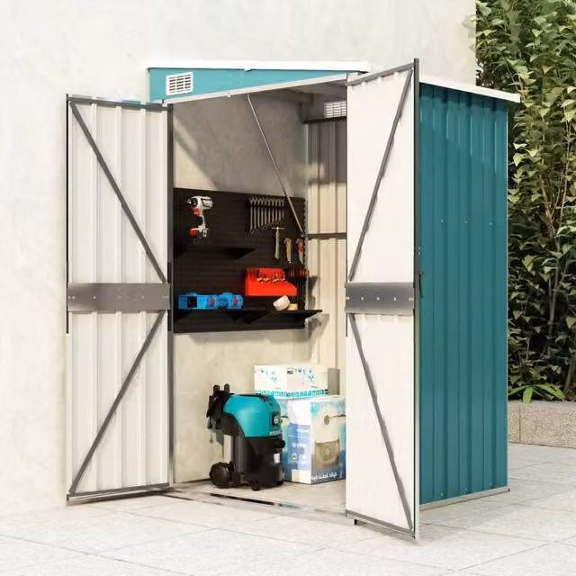 Berkfield Home Wall-mounted Lean-to Garden Shed in Green Galvanised Steel with Double Doors, W/D/H: 118 x 100 x 178 cm – 1