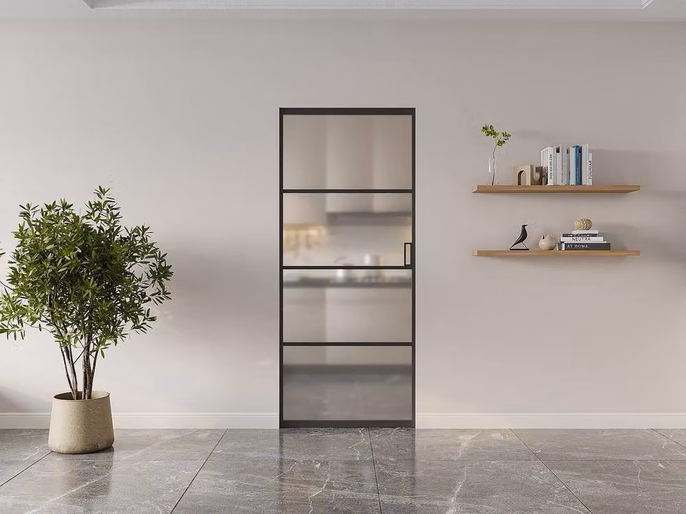 Vente-unique Industrial Black Sliding Pocket Door with Frosted Tempered Glass and Aluminium Frame – 2