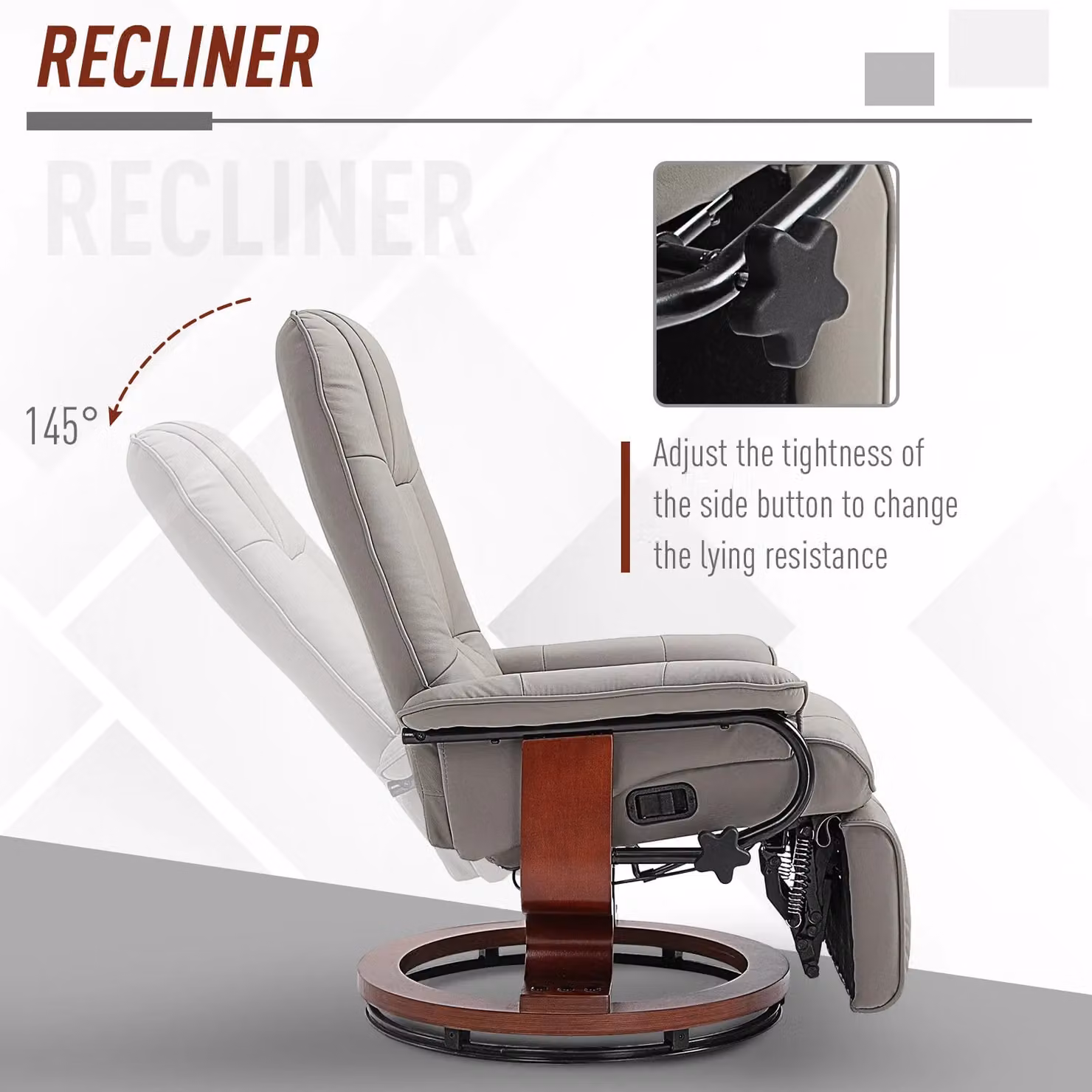 HOMCOM Ergonomic PU Leather Recliner Sofa Chair in Grey with 360 Degree Swivel and Armrests – 4