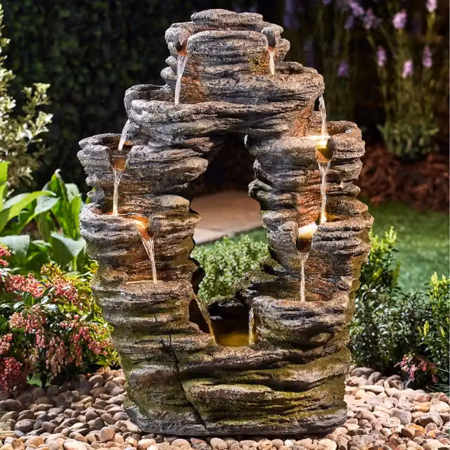 Serenity Double-Sided Rock Cascade Water Feature with LED Lighting in Brown