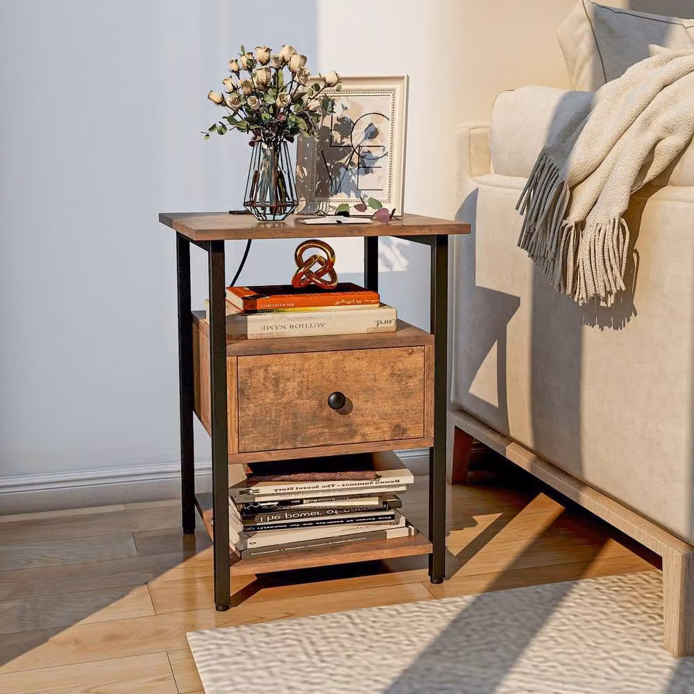 Costway 3-Tier Brown Nightstand with Charging Station and Industrial Wood and Metal Design – 3
