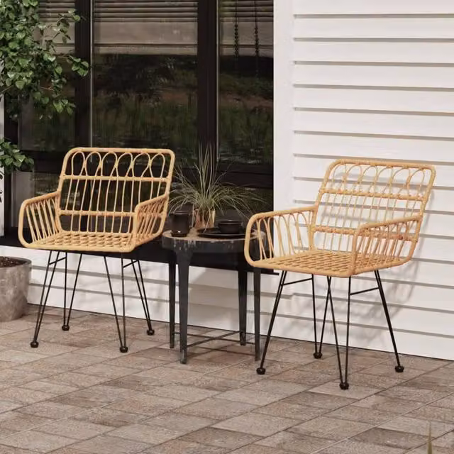 Berkfield Home Set of 2 Brown PE Rattan Garden Chairs with Armrests, W/D/H: 56 x 64 x 80 cm