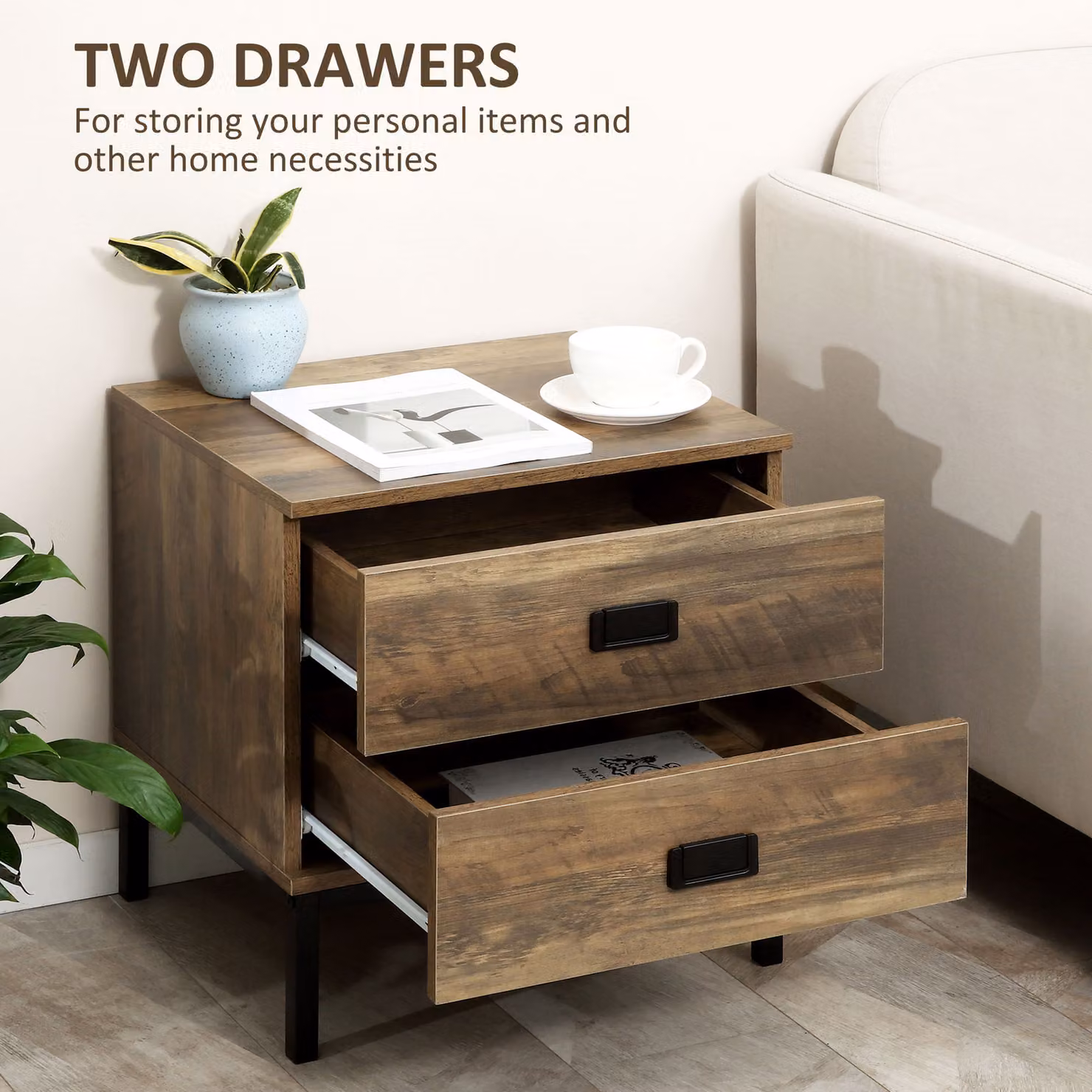 HOMCOM Set of 2 Retro Industrial Bedside Units with 2 Drawers, Metal and MDF Frame, Brown – 4