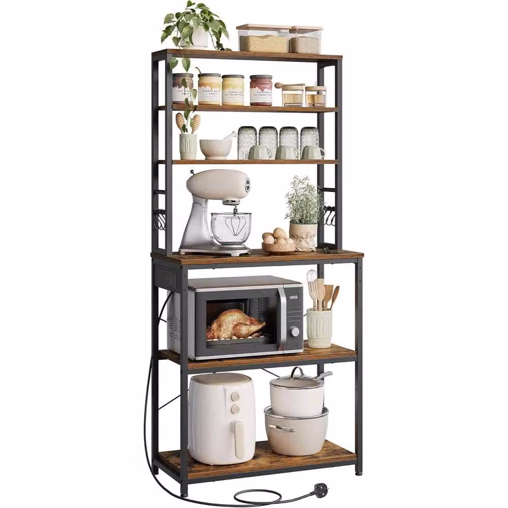 The Bazaarist Industrial Bakers Rack and Coffee Station with Power Outlet and 6 Hooks, Brown and Black – 2