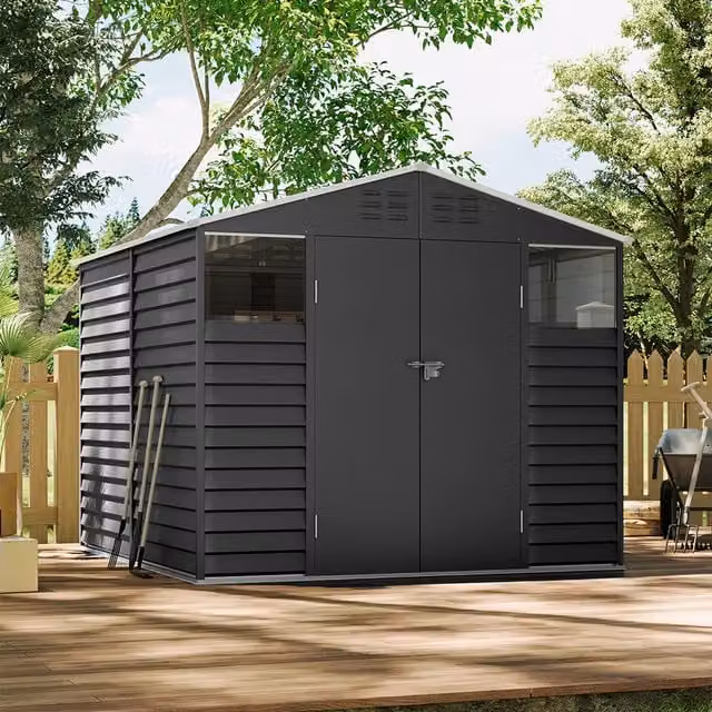 Livingandhome Modern Metal Garden Shed in Matt Black with Transparent Windows and Single Door