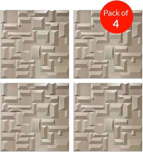 ENER-J Artistic 3D Geometric PU Leather Wall Panels, Beige, Pack of 4, W/H: 60 x 60 cm