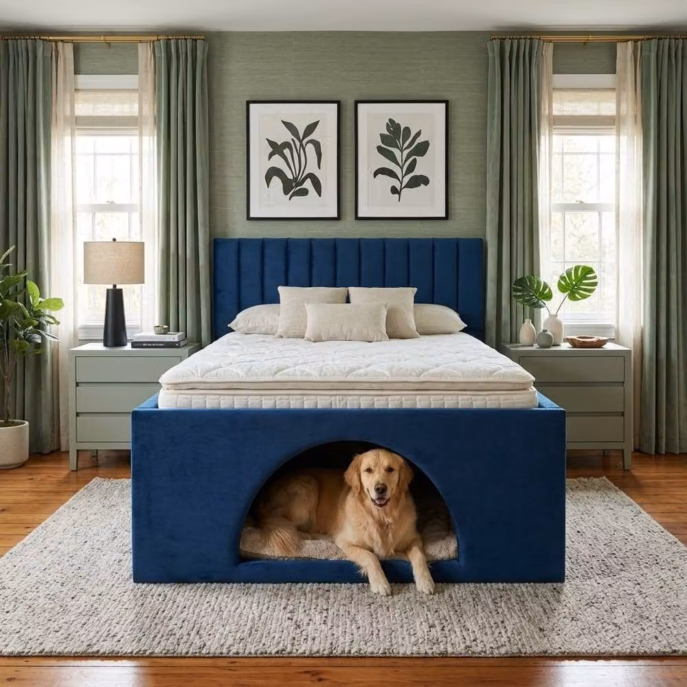 Soft Snooze Beds Modern Upholstered Velvet Bed Frame with Built-in Dog Bed and Lift-up Storage, Black, W/D/H: 180 x 200 cm – 3