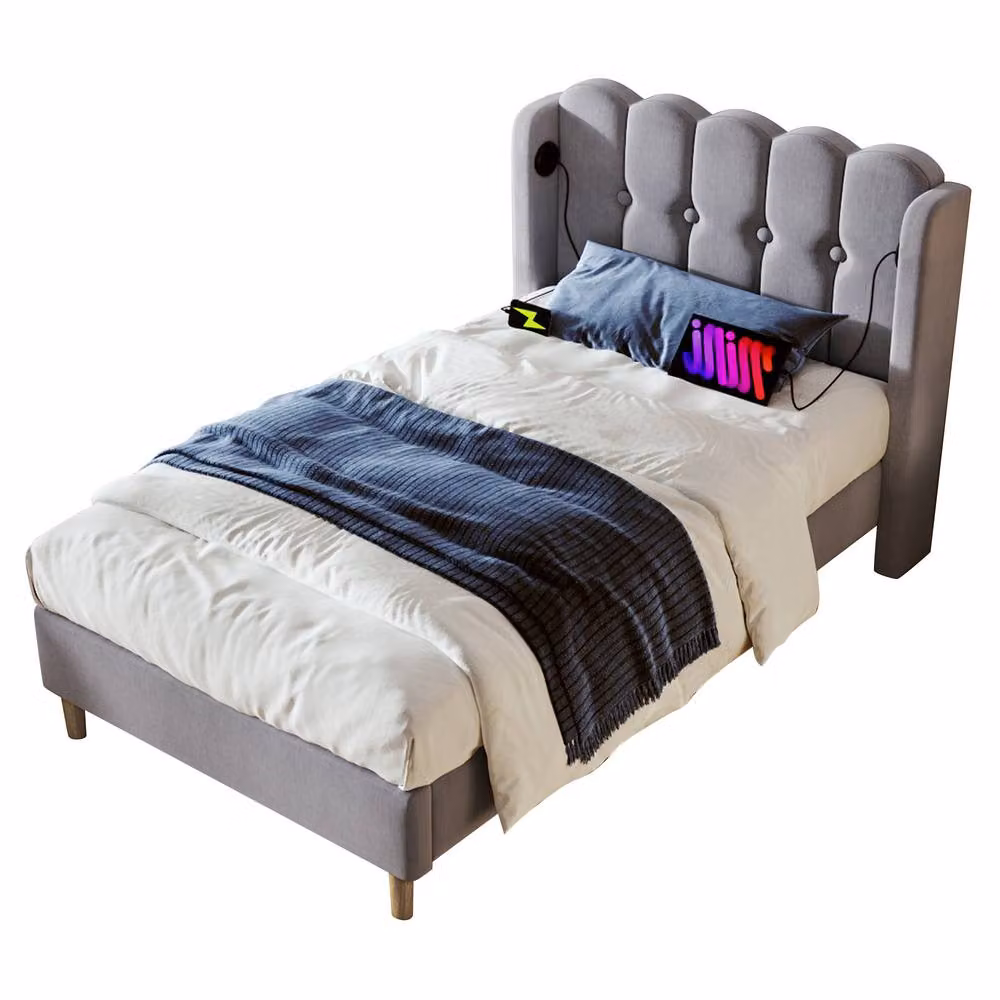 BTM Upholstered Wooden Slatted Bed Frame with USB Charging Port in Grey, W/D/H: 140 x 200 cm – 4