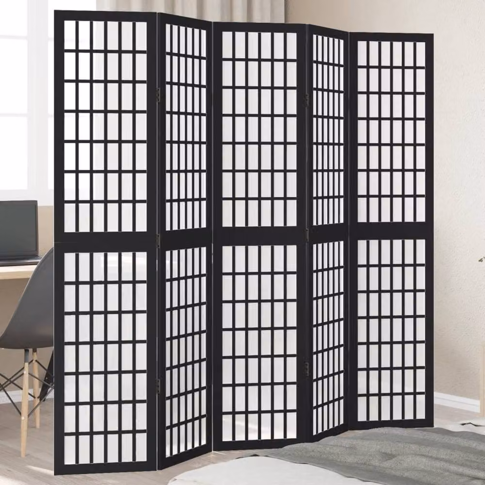 Berkfield Home 5-Panel Room Divider in Black Solid Paulownia Wood – 2