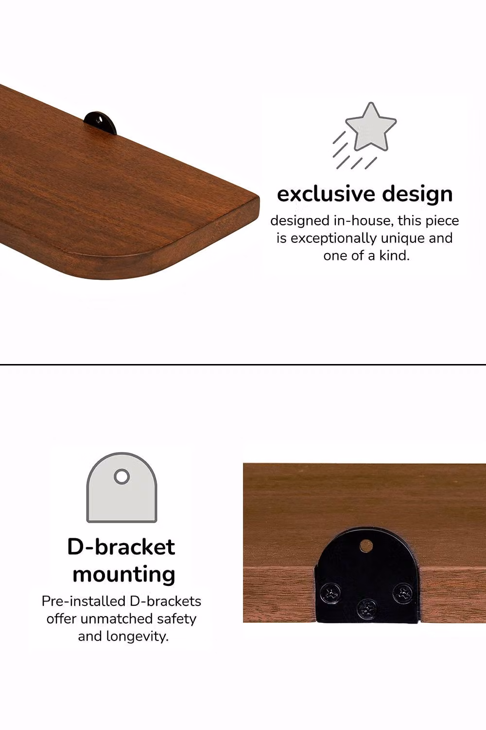 MH London Set of 4 Wall Mounted Floating Shelves in Solid Mango Wood, Walnut Brown – 3