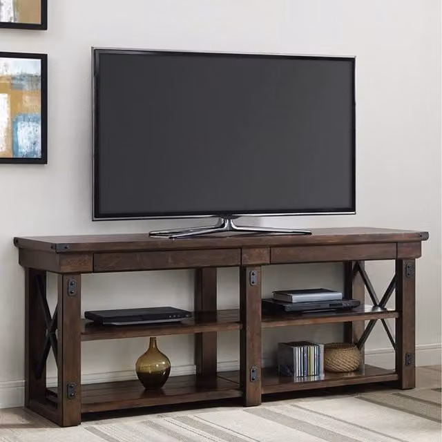 Dorel Rustic Oak Wood TV Stand with Shelves in Brown