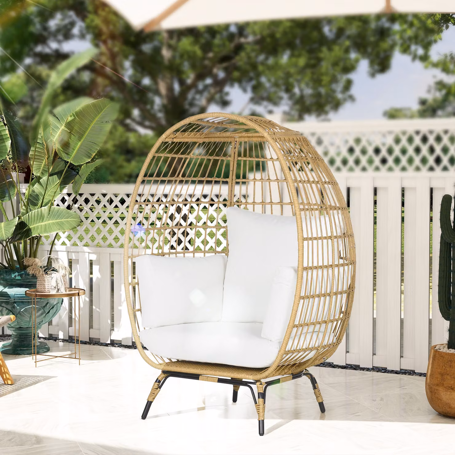 Outsunny Round PE Rattan Outdoor Egg Chair with Padded Cushions, Beige – 2