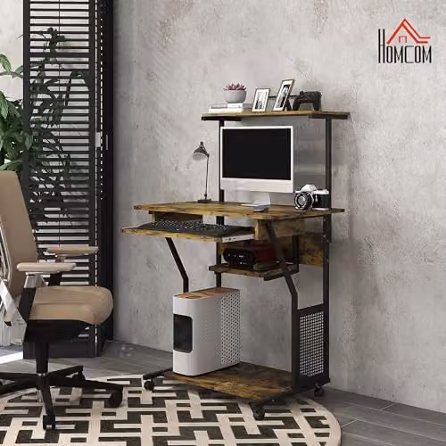 HOMCOM Industrial Mobile Computer Desk in Brown with Castors, W/D/H: 80 x 50 x 130 cm – 6