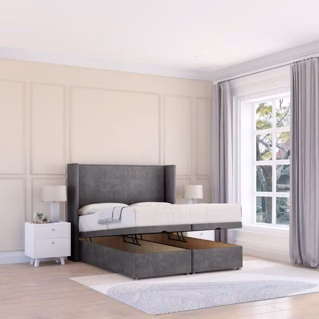 Sloomy Devonshire Small Single Grey Plush Fabric Ottoman Bed with Hybrid Memory Mattress and 54 Inch Winged Headboard