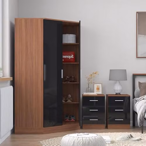 Reflect Modern Gloss Black and Matt Walnut Bedroom Set with 2 Door Corner Wardrobe and 2x 3 Drawer Bedside Tables – 2