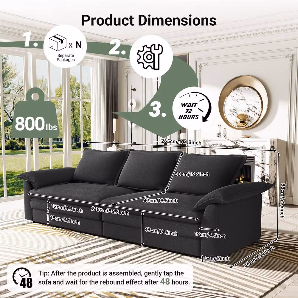 Dprodo Black Chenille Sofa Sleeper with Deep Seat and Solid Wood Frame – 2