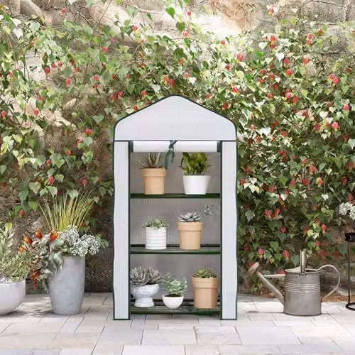 Outsunny 3 Tier Mini Greenhouse with Shelving, White, H 127 x W 59 x D 39 cm – 3